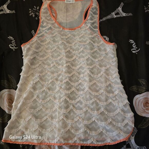 Anthropologie Ginger G Sheer Boho Racer Back Tank Size Large Ivory/Peach - Picture 1 of 6